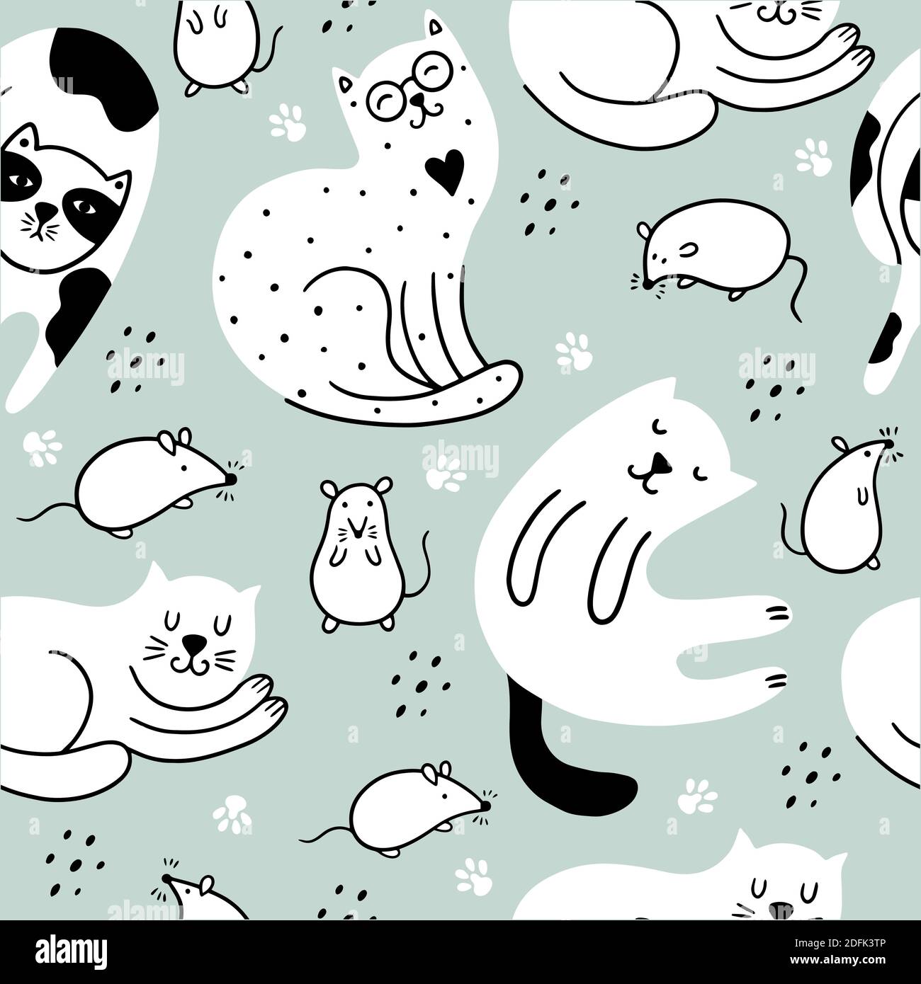 Doodle Katzen und niedliche Mäuse nahtlose Muster. Skandinavischer Hintergrund mit Kätzchen und Ratten`s. Kann für Verpackungen, Tapeten, Textilien verwendet werden Stock Vektor